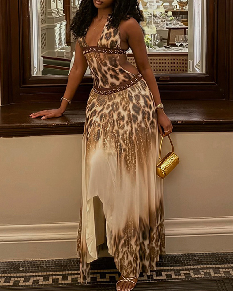 Sexy Halter Leopard Patchwork Backless Beaded Maxi Dress