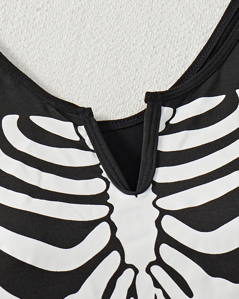 Halloween Cosplay Skull Print Bodysuit with Fishnet Stockings Hat Three-Piece Set