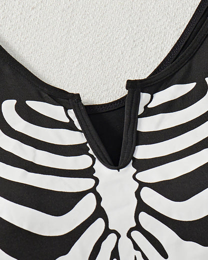 Halloween Cosplay Skull Print Bodysuit with Fishnet Stockings Hat Three-Piece Set