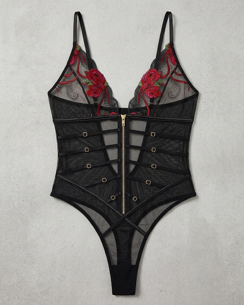 Sexy Lace Mesh Sheer V-Neck Shaping Spaghetti Strap Bodysuit