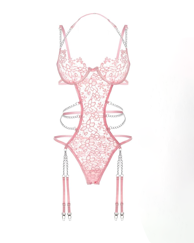 Cut-Out Floral Embroidery Chain Halter Bodysuit