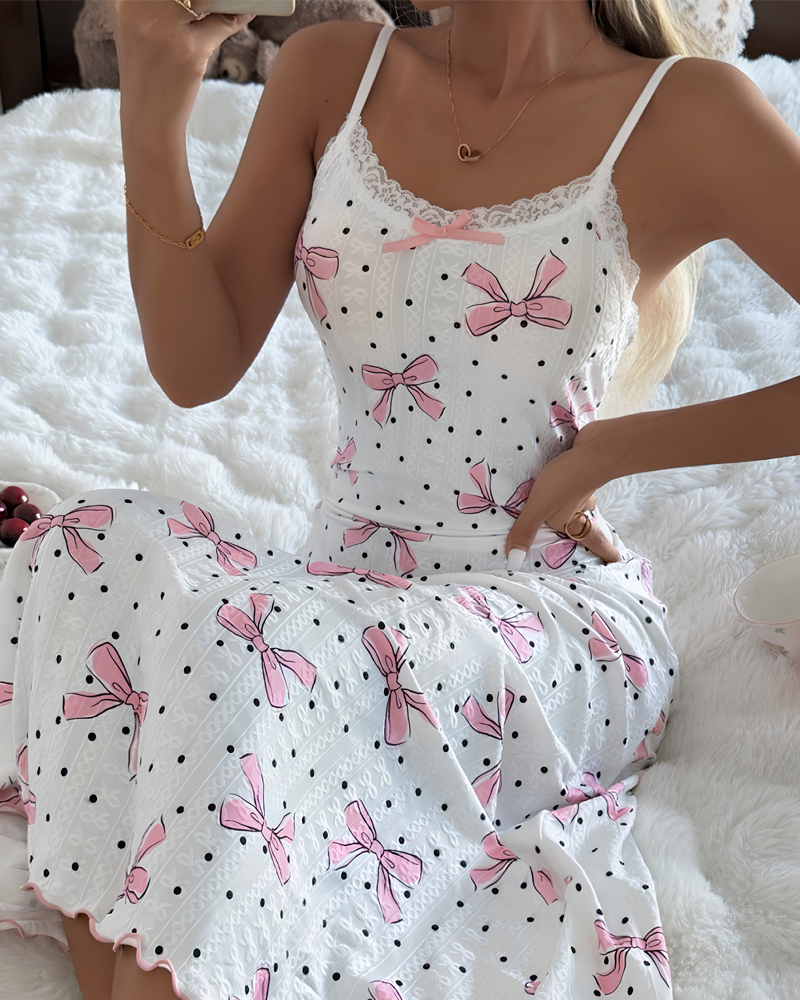 Bow Print Lace Trim Maxi Nightdress with Spaghetti Straps