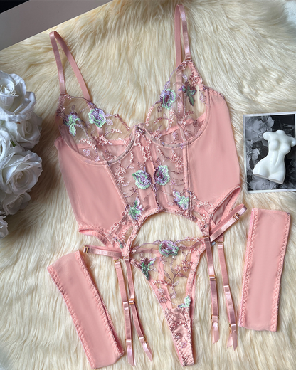 Sexy Sheer Embroidered Mesh Lingerie Set