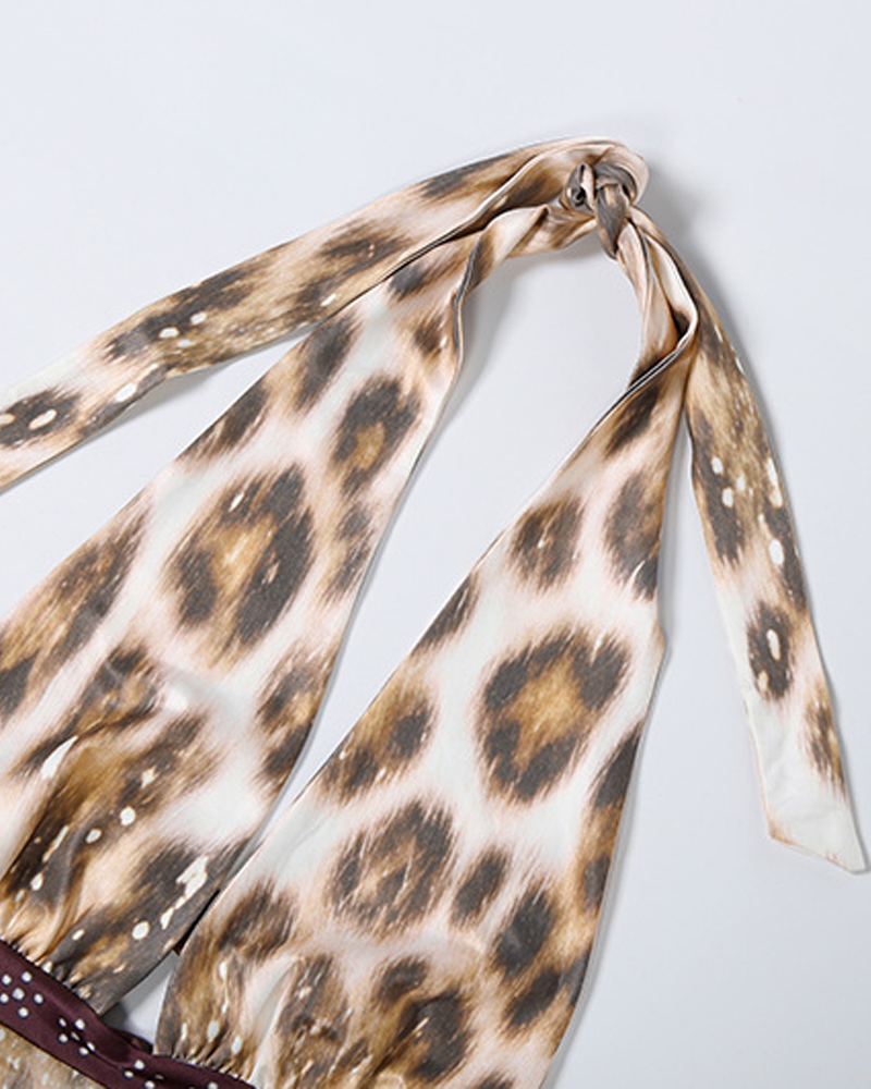 Sexy Halter Leopard Patchwork Backless Beaded Maxi Dress