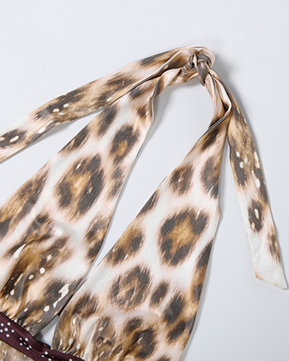 Sexy Halter Leopard Patchwork Backless Beaded Maxi Dress