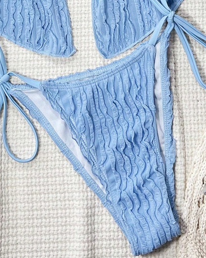 Sexy Solid Color Halter Strappy Two-Piece Bikini Set