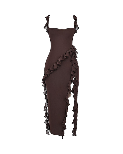 Sexy Ruffle Trim Slit Maxi Dress