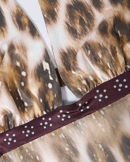 Sexy Halter Leopard Patchwork Backless Beaded Maxi Dress