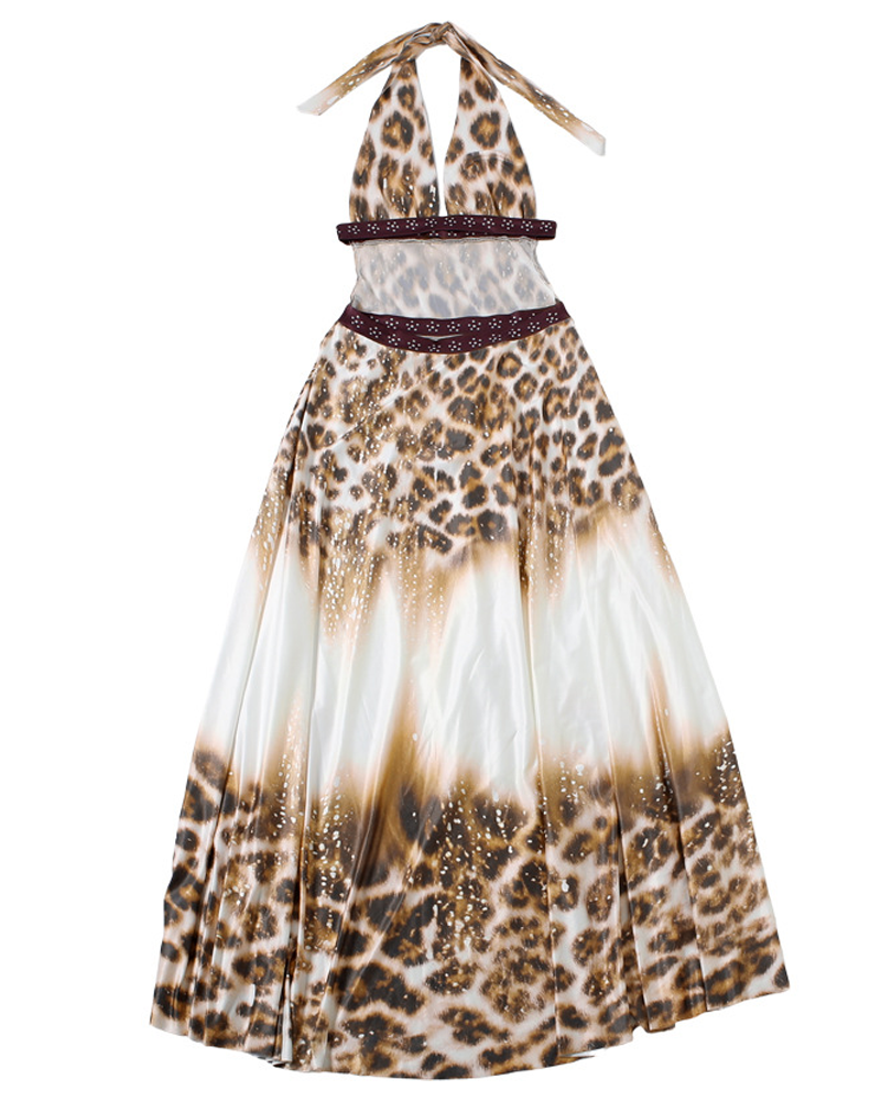Sexy Halter Leopard Patchwork Backless Beaded Maxi Dress