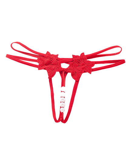 Sexy Floral Lace Embroidered Pearl Cutout G-String