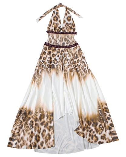 Sexy Halter Leopard Patchwork Backless Beaded Maxi Dress