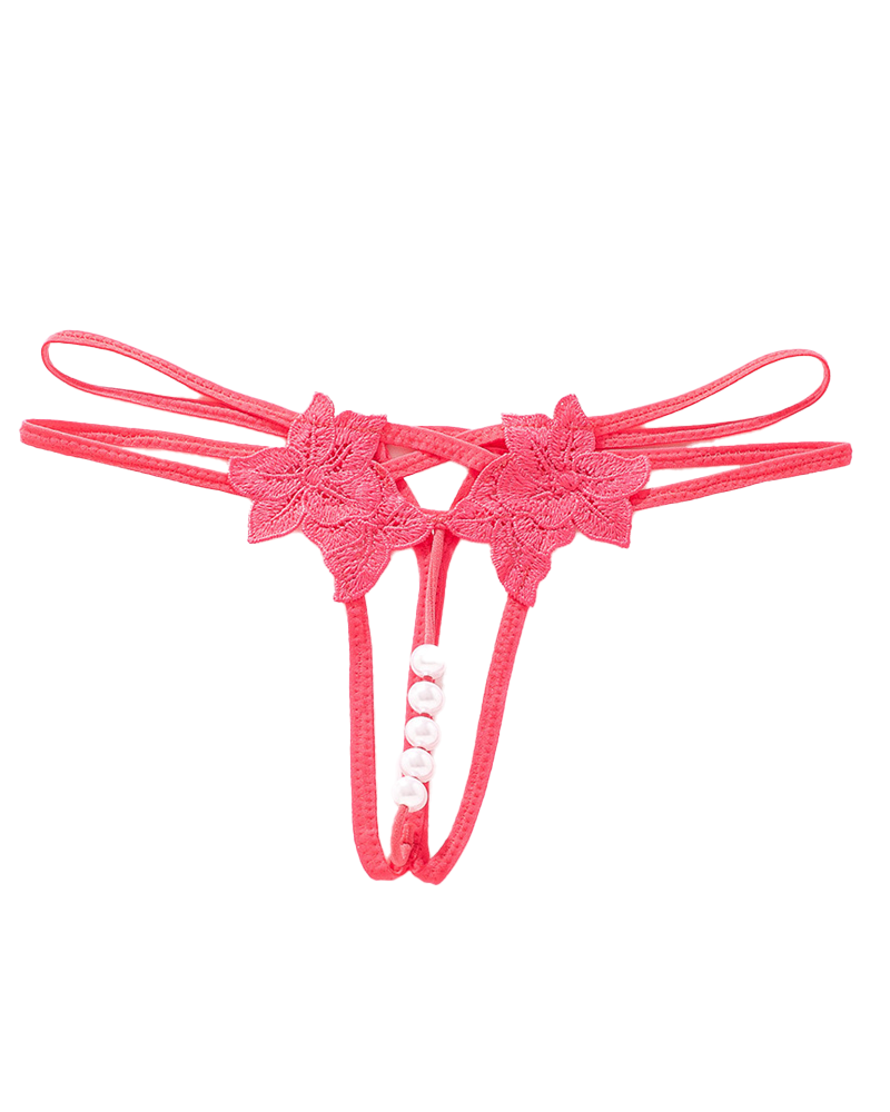 Sexy Floral Lace Embroidered Pearl Cutout G-String