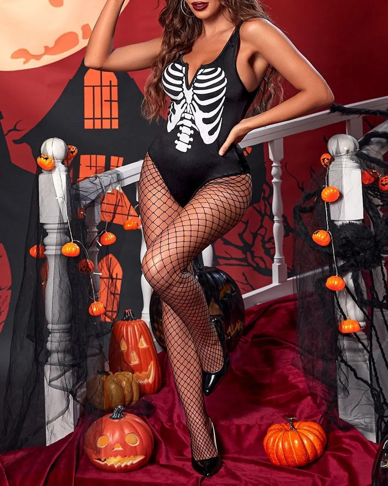 Halloween Cosplay Skull Print Bodysuit with Fishnet Stockings Hat Three-Piece Set