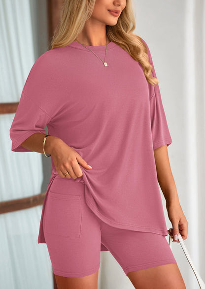 Women's Two-Piece Casual Sports Loose Shirt Cycling Shorts Suit