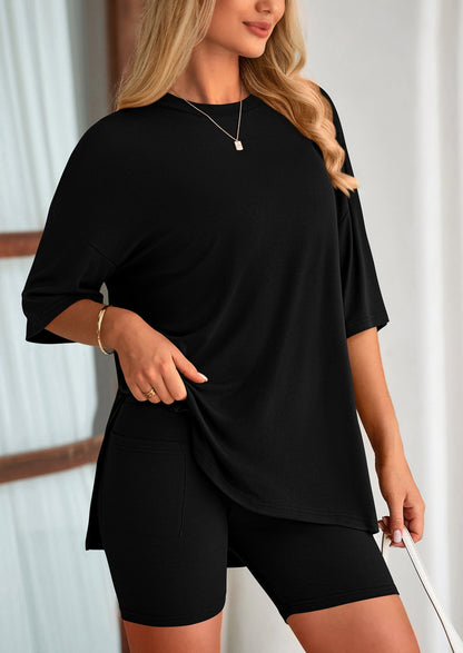 Women's Two-Piece Casual Sports Loose Shirt Cycling Shorts Suit