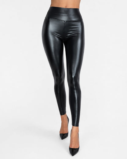 Mid Waist Concealed Zipper Glossy Leather Leggings