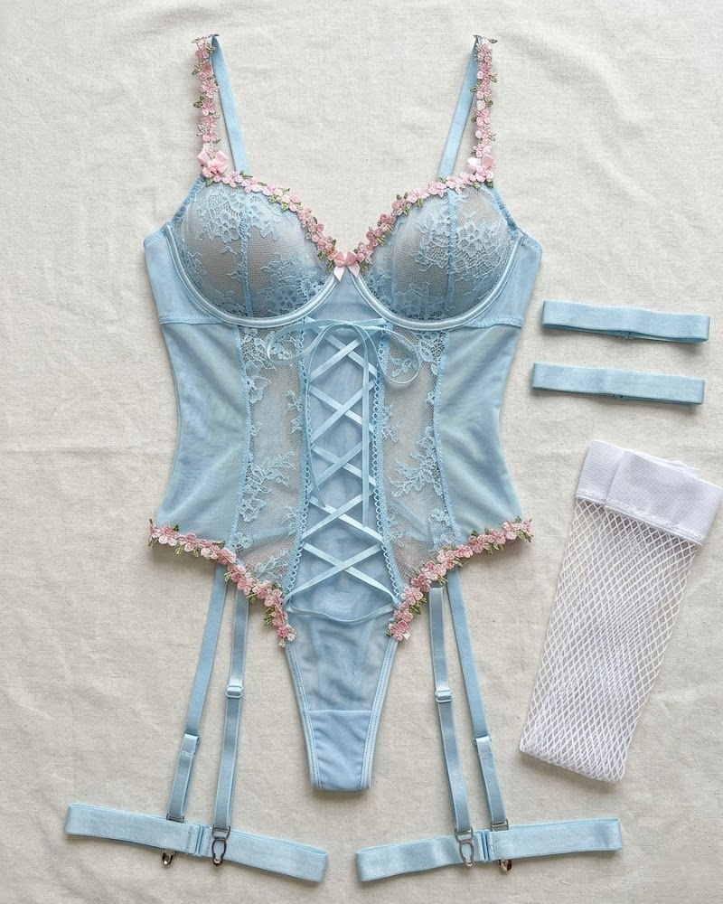 Sexy Sheer Lace Bow Lingerie Bodysuit Set