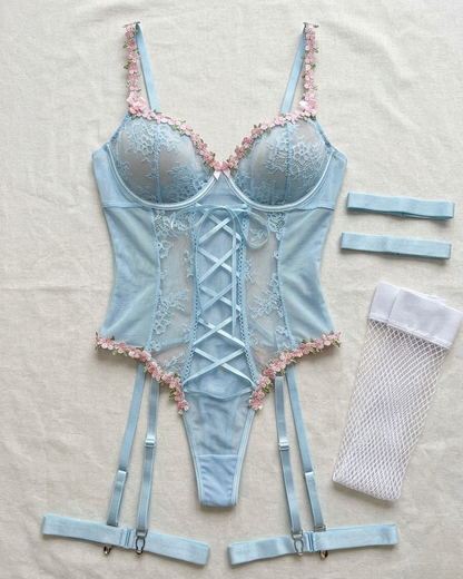 Sexy Sheer Lace Bow Lingerie Bodysuit Set