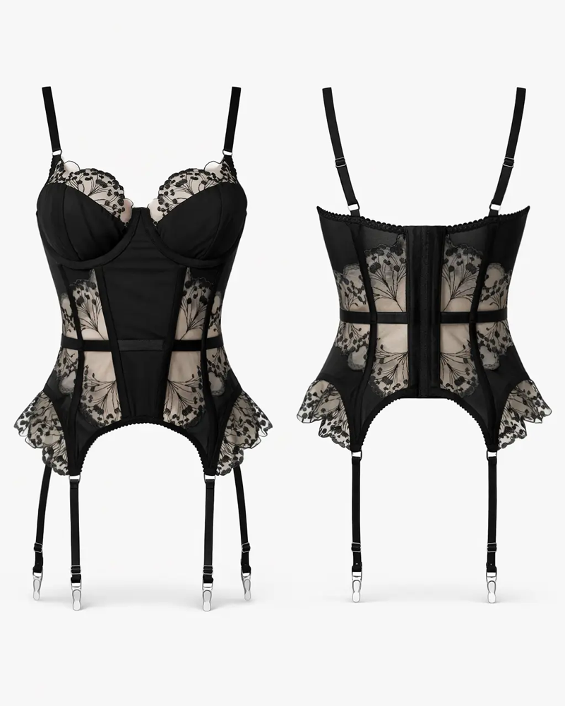 Sexy Satin Lace Embroidered Sheer Bodysuit Set with Stockings