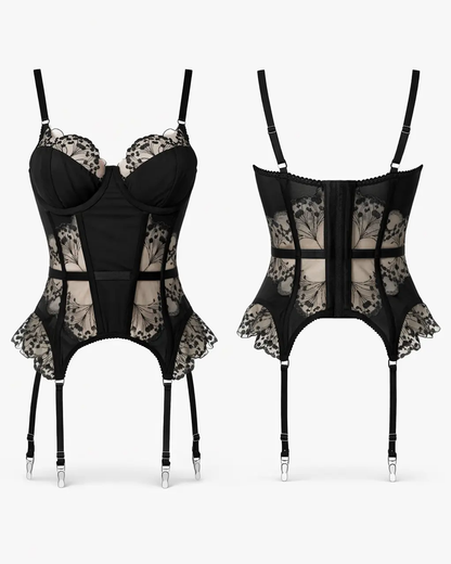 Sexy Satin Lace Embroidered Sheer Bodysuit Set with Stockings