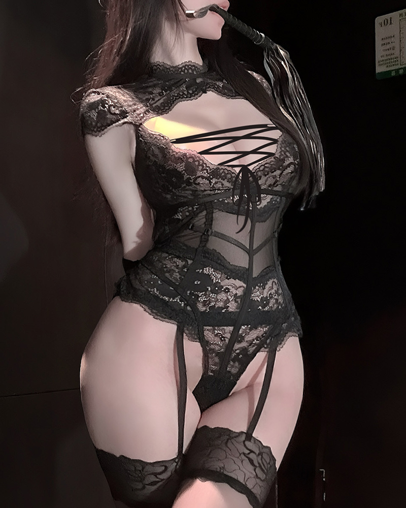 Sexy Floral Lace Lace-Up Backless Teddy Bodysuit