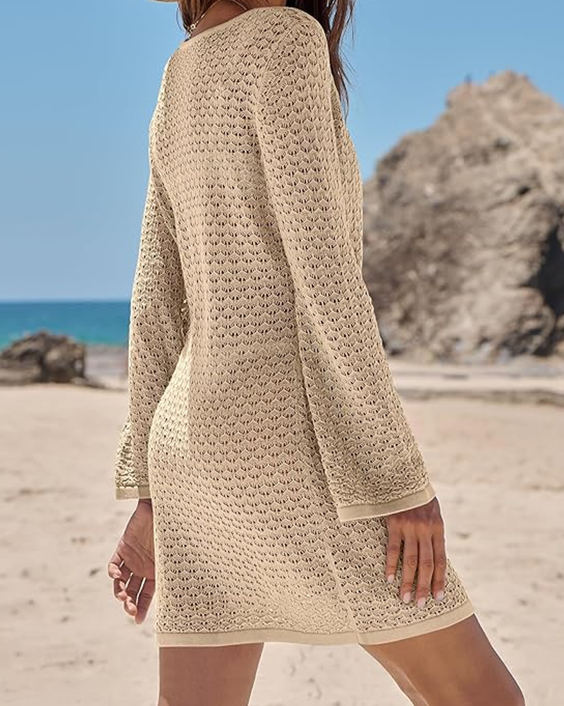 Sexy Long Sleeve Hollow Out Sheer Lace-Up Bikini Cover-Up Beach Dress
