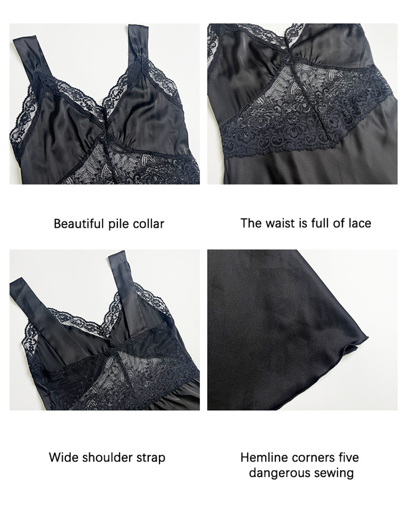 Sexy Lace Panel Satin Midi Nightdress