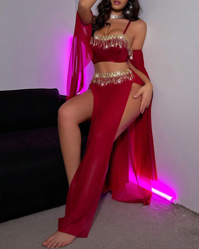 Sexy See-Through Mesh Rhinestone Tassel Embellished Chain Lingerie Set
