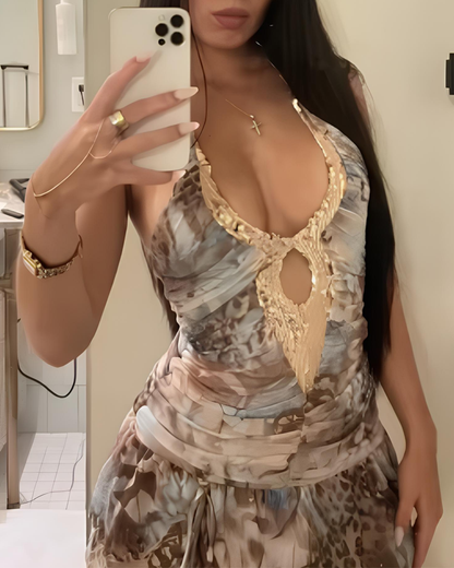 Vacation Style Sequin Ruffle Halter Leopard Print Cami Dress