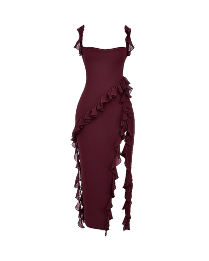 Sexy Ruffle Trim Slit Maxi Dress
