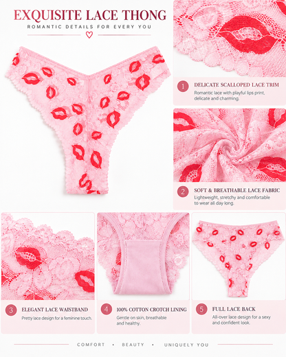 3-Pack Floral Lace Semi-Sheer Low-Rise Briefs Panties with Lip Print