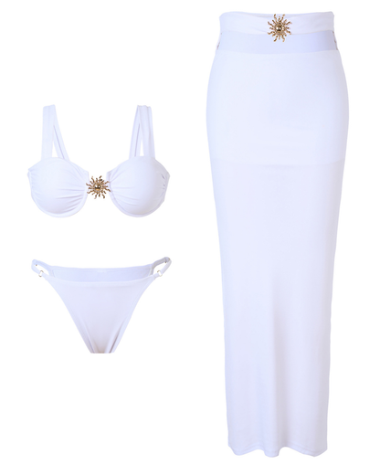 Beach Metallic Detail Sheer Mesh Cover-Up Maxi Dress Bikini Set