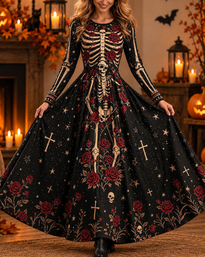 Halloween Cosplay Retro Print Long Sleeve Dress