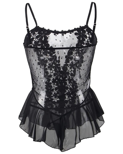 Plus Size Floral Lace Mesh Ruffle Babydoll Lingerie