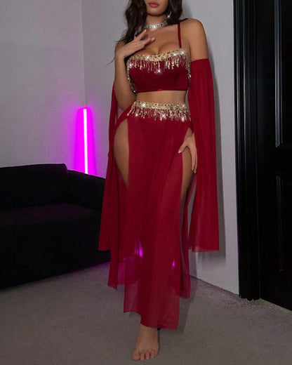 Sexy See-Through Mesh Rhinestone Tassel Embellished Chain Lingerie Set