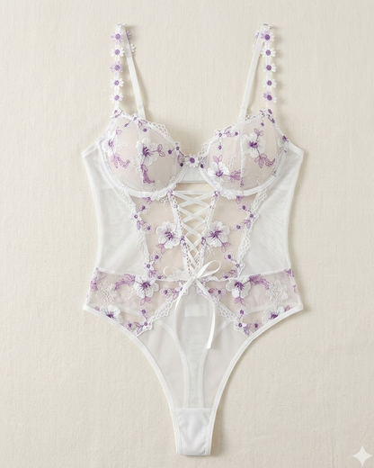 Sheer Embroidered Floral Strap Bodysuit
