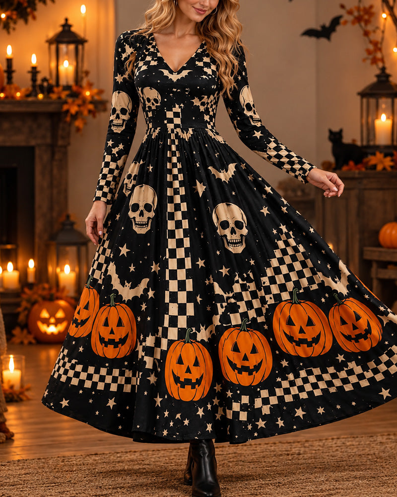 Halloween Cosplay Retro Print Long Sleeve Dress