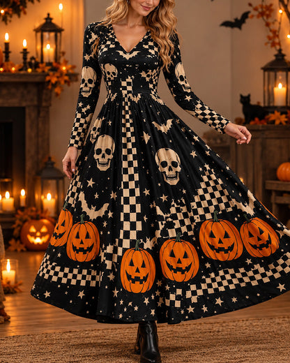 Halloween Cosplay Retro Print Long Sleeve Dress