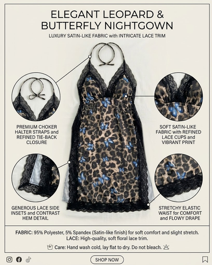 Plus Size Leopard Print Butterfly Tie Strap Side Slit Sexy Nightdress
