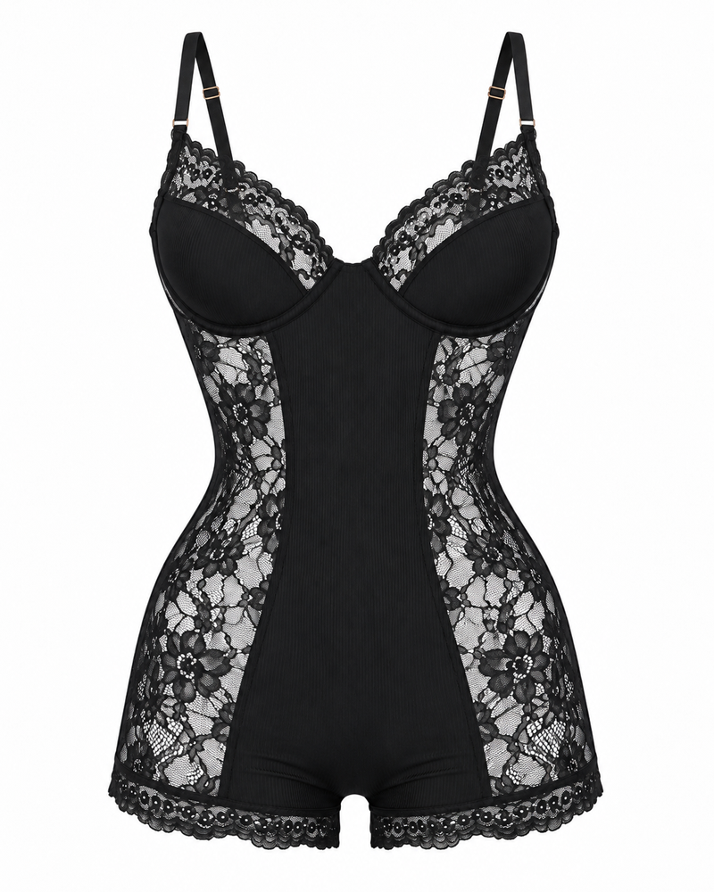 Floral Sheer Lace Romper Lingerie with Structured Cups