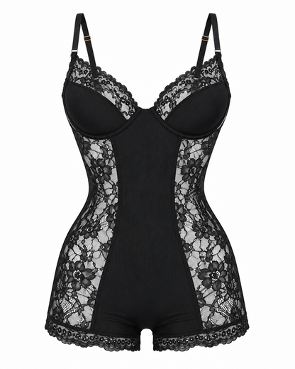 Floral Sheer Lace Romper Lingerie with Structured Cups