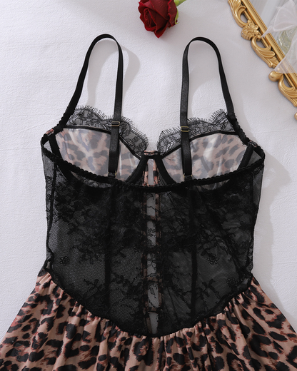 Leopard Print Lace Patchwork Sheer Cut-Out Nightgowns with Thong