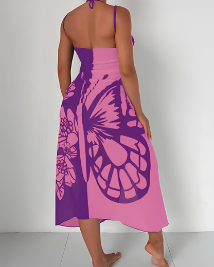 Bohemian Beach Vacation Color-Block Butterfly Beach Dress