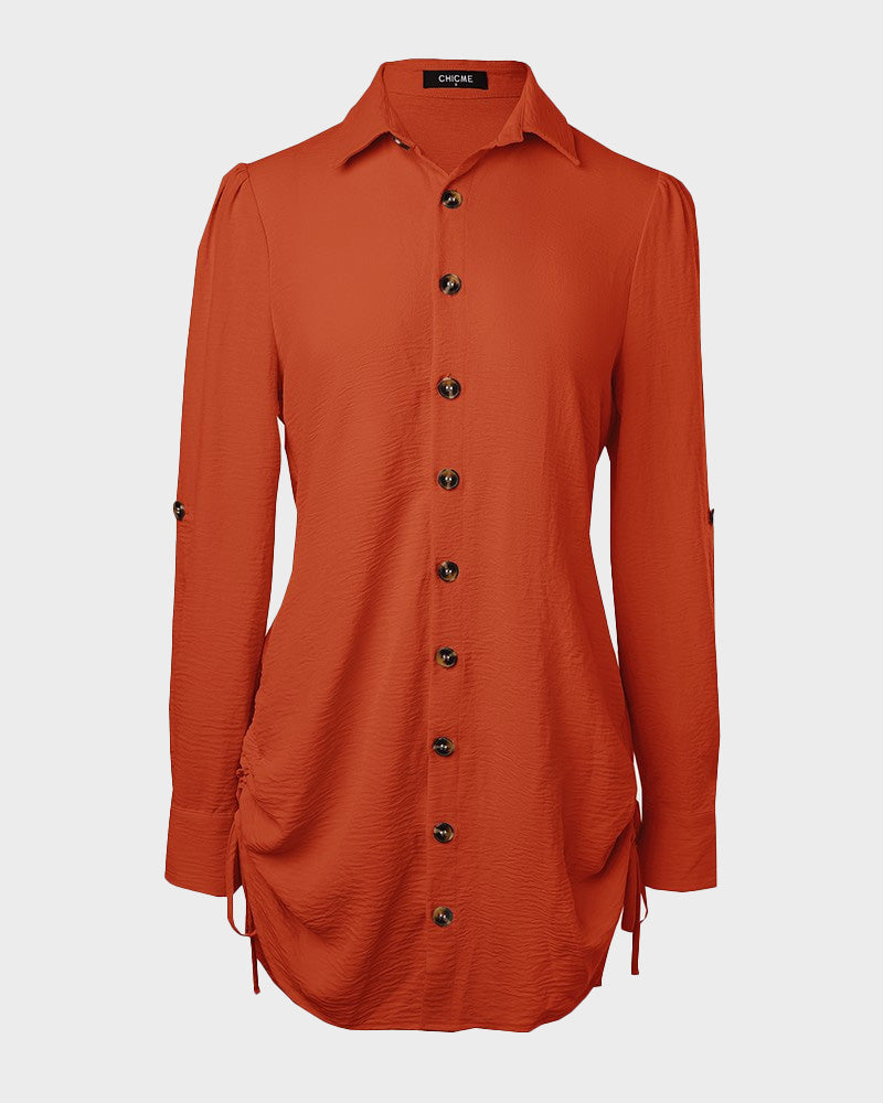 Long Sleeve Button Down Drawstring Shirt Dress