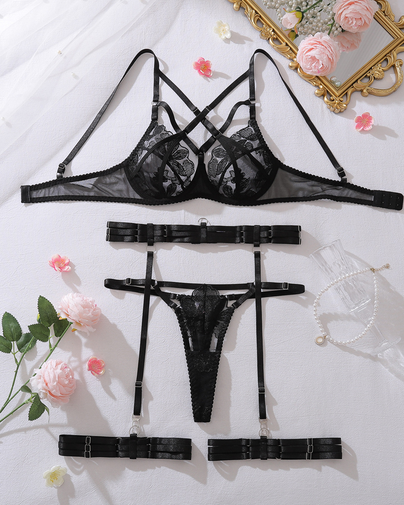 Black Embroidered Mesh Lace-Up Corset Garter Lingerie Set