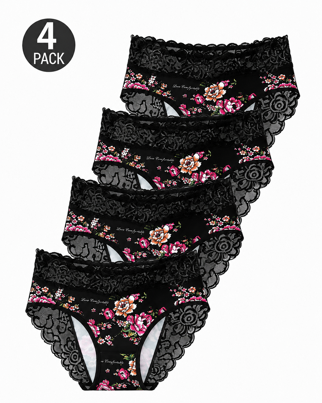 4-Pack Mid Waist Floral Print Lace Seamless Panties