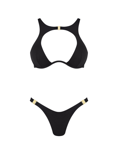 Sexy Metal Buckle Cut-Out Bikini Set with Cover-Up Skirt