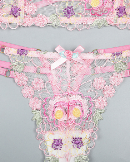 Floral Embroidered Mesh Longline Bra & Thong Set