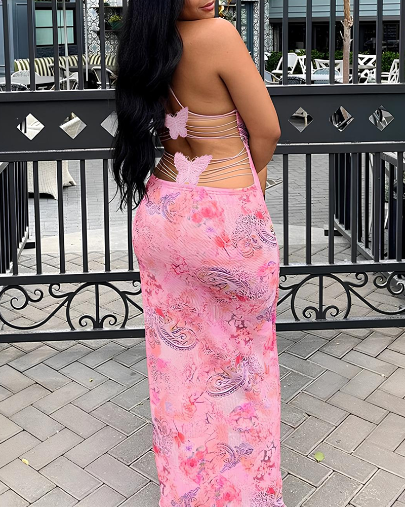 Sexy Halter Tie Backless Butterfly Detail Printed Bodycon Dress