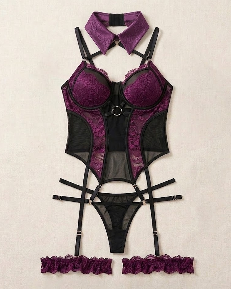 Lace Mesh Patchwork Crisscross Lingerie Bodysuit